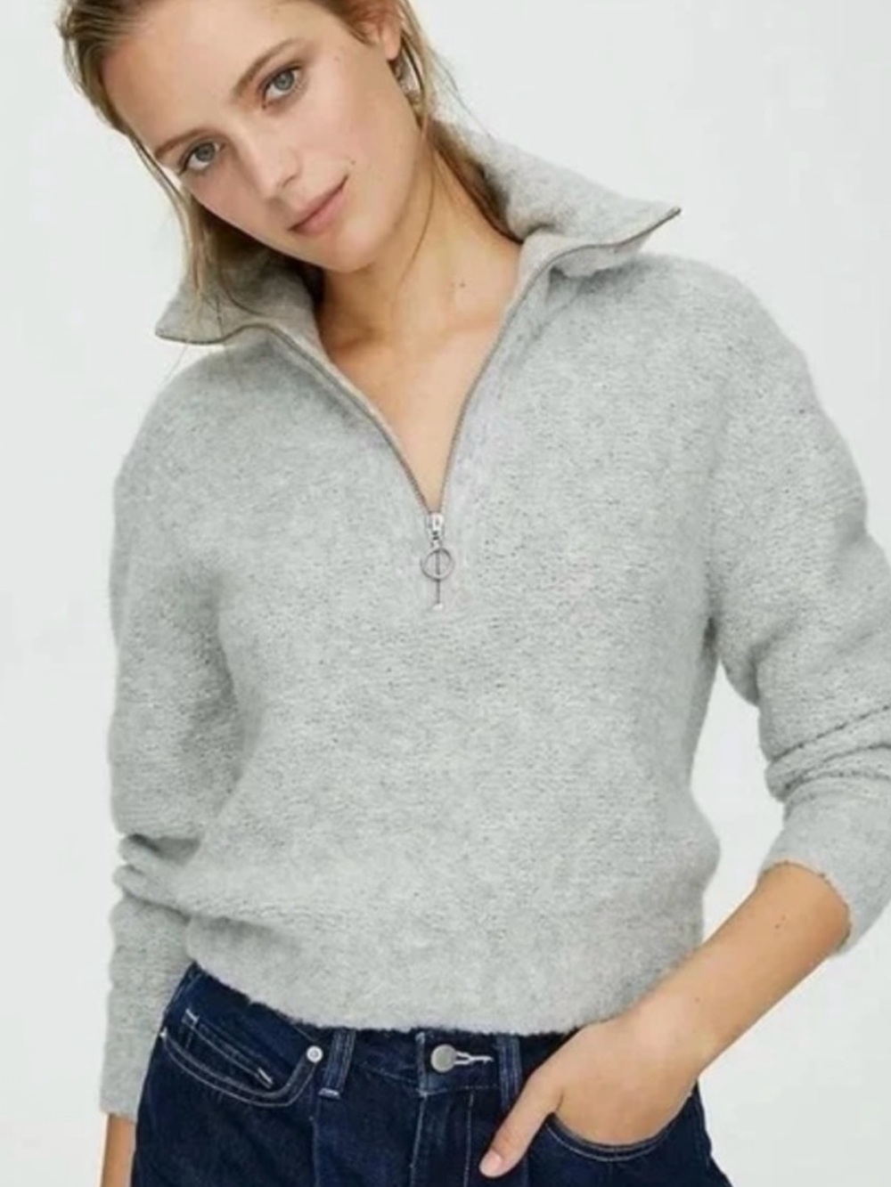 Wilfred Light Gray Half-Zip High Collar Sweater, Size S.